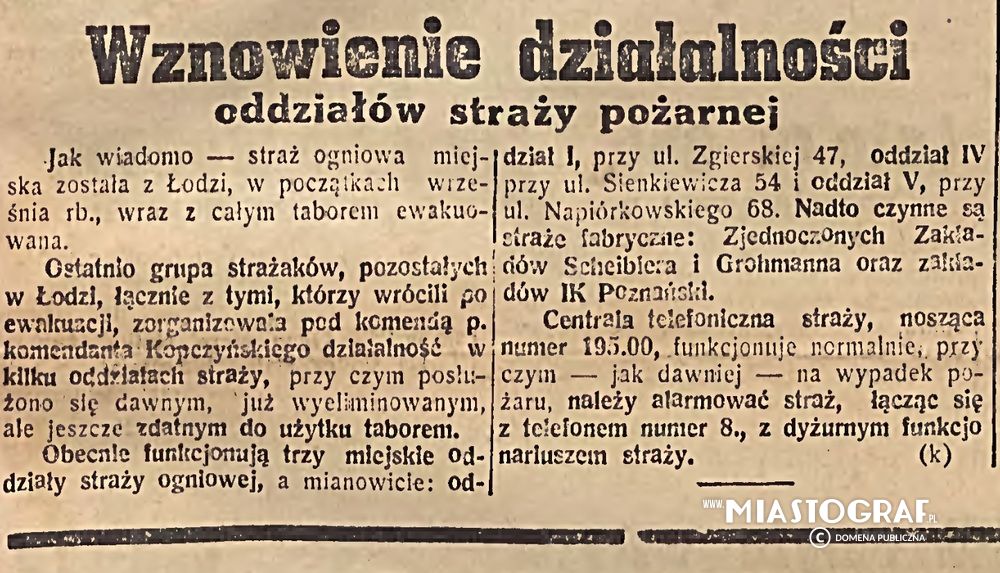 Wycinek prasowy, Wznowienie działalności straży pożarnej, 1939