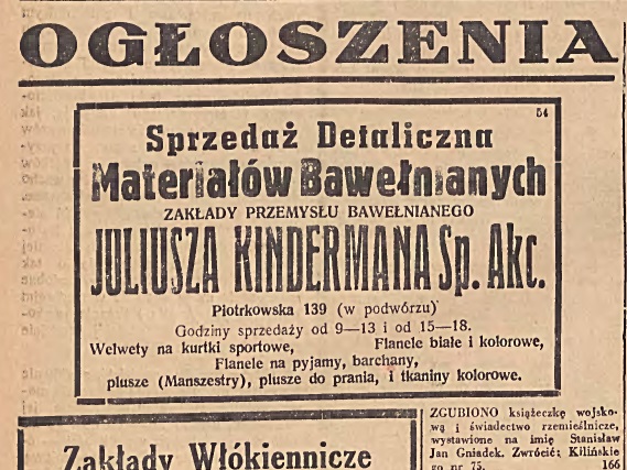 Wycinek prasowy, Reklama sklepu Zakładów Bawełnianych Juliusza Kindermanna