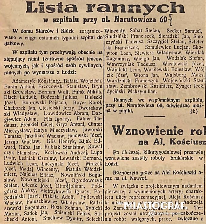 Wycinek prasowy, Lista rannych w szpitalu na Narutowicza 60, 1939 r.