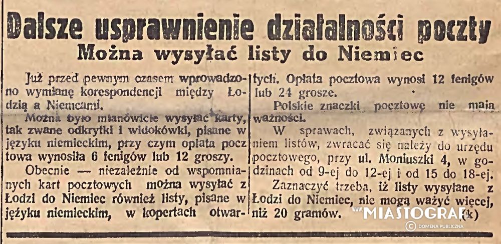 Wycinek prasowy, Wysyłka listów z Łodzi do Niemiec, 1939