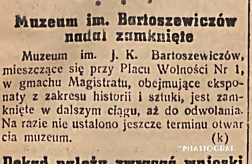 Wycinek prasowy, Muzeum Bartoszewiczów dalej zamknięte