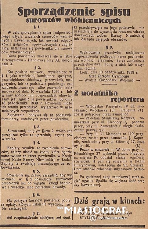 Wycinek prasowy, Spis surowców włókienniczych, 1939