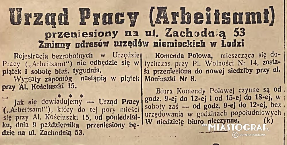 Wycinek prasowy, Zmiany adresów urzędów łódzkich, 1939